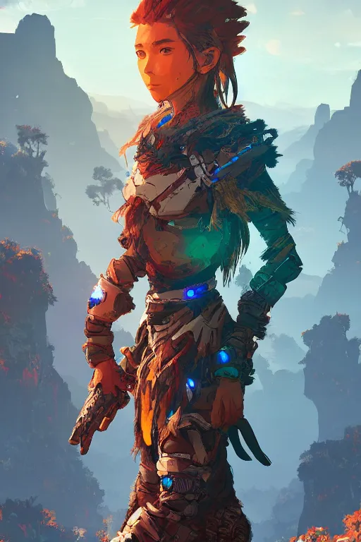 Image similar to combination suit armor aloy horizon forbidden west horizon zero dawn radiating a glowing aura global illumination ray tracing hdr fanart arstation by ian pesty and alena aenami artworks in 4 k tribal robot ninja mask helmet backpack