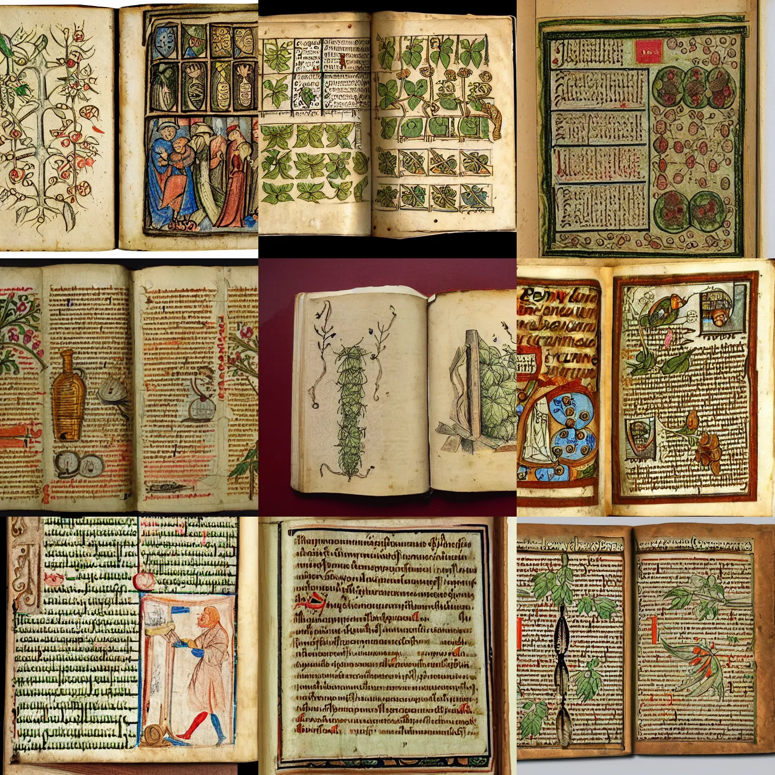 Prompt: medieval manuscript covered with drawings of hops