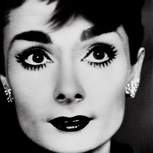 Image similar to photo of Audrey Hepburn by Diane Arbus, extreme closeup, black and white, high contrast, Rolleiflex, 55mm f/4 lens