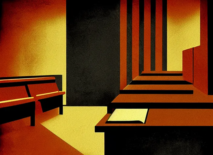 Prompt: editorial illustration by Karolis Strautniekas and Mads Berg, colorful, courtroom the bench,trial, fine texture,detailed, matte colors,film noir, dramatic lighting, dynamic composition,moody, vivid,voumetric