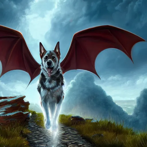 Image similar to a painting of a dog with dragon wings, hd, hdr, ue 5, ue 6, unreal engine 5, cinematic 4 k wallpaper, 8 k, ultra detailed, high resolution, artstation, award winning