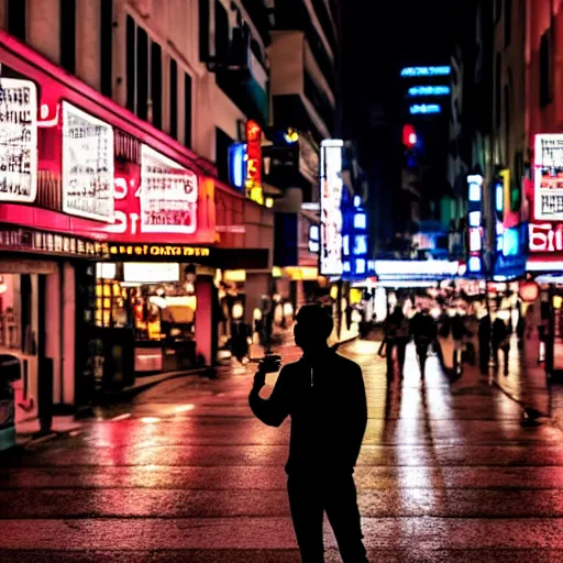 Image similar to silhouette of man smoking cigarette on busy city street, nighttime, neon colors, beautiful photography, 8K