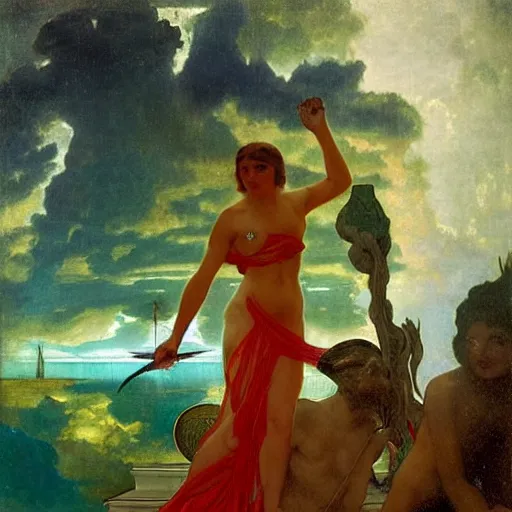 Image similar to Demon Girl at the palace, refracted sparkles, thunderstorm, greek pool, beach and Tropical vegetation on the background major arcana sky, by paul delaroche, alphonse mucha and arnold böcklin, hyperrealistic 8k, award-winning, very very very detailed