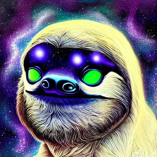 Image similar to geometric symmetrical sloth with galaxy eyes in space, nebula in the background, intricate, elegant, highly detailed, digital painting, artstation, concept art, smooth, sharp focus, illustration, art by artgerm