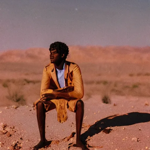 Image similar to photo portrait of a chocolate prince melting in the desert sun, 2 0 0 mm lens, shot on grainy film, photography, hyperrealism, bokeh