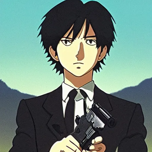 Image similar to a man in black posing while holding a pistol, by Studio Ghibli
