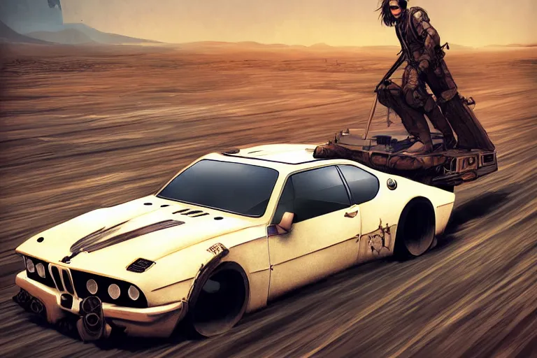 Image similar to dieselpunk digital illustration of mad max's bmw m 1 ( ( ( ( himars ) ) ) ) by makoto shinkai, ilya kuvshinov, lois van baarle, rossdraws, basquiat