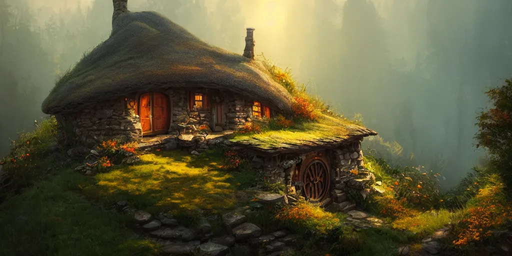 Image similar to a hobbit cottage on top of a steep hill, greg rutkowski, zabrocki, moebius, karlkka, jayison devadas, highly detailed, autumn sunlights, smoky atmosphere, ( ray of sunlight ), trending on artstation, 8 k, ultra wide angle, zenith view, pincushion lens effect