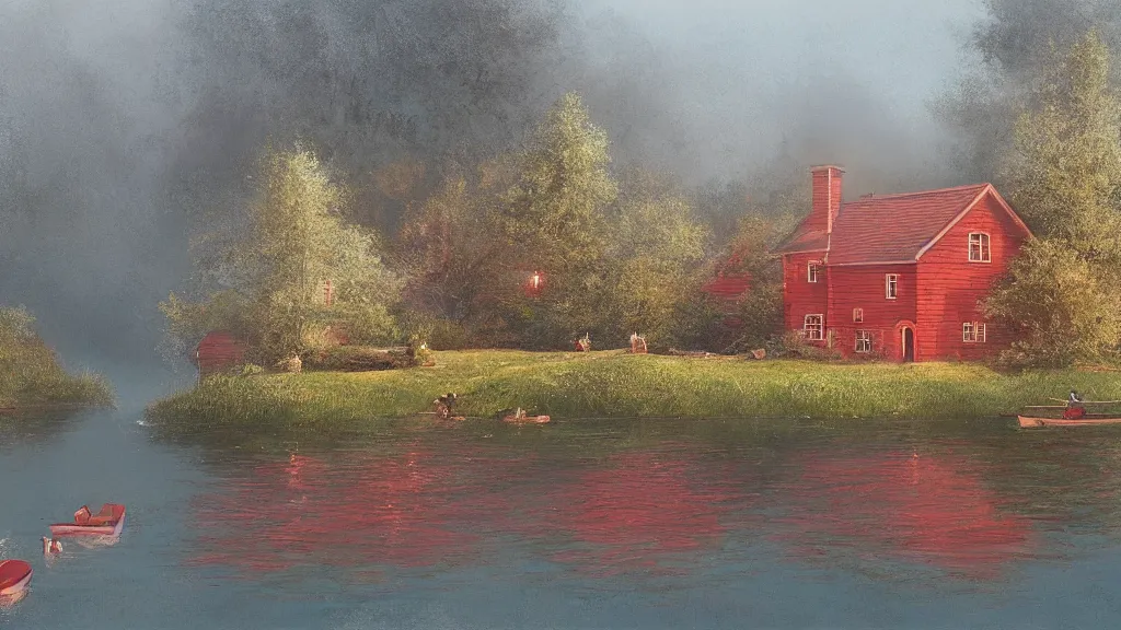 Image similar to small red wooden cottage by the lake, lanterns in the front of the cottage, smoke coming out of the chimney, dusk, birch trees, tranquility, two swans swimming in the lake, a rowing boat, by Greg Rutkowski, by Charlie Bowater