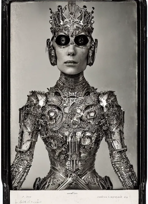 Image similar to old wetplate daguerreotype frame portrait of a futuristic silver armored pretty queen elisabeth emperor district 9 cyborg, fractal, intricate, elegant, highly detailed, subsurface scattering, by jheronimus bosch and greg rutkowski and louis jacques mande daguerre