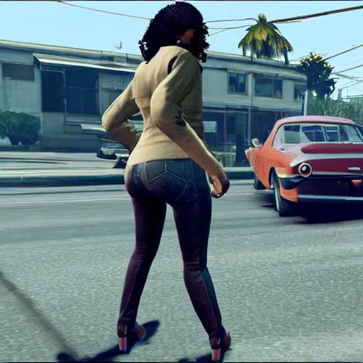 Prompt: Rear view of Beyonce walking down the street in GTA 5.