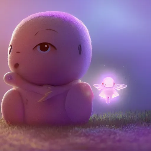 Image similar to a tiny cute fairy praying, realistic beautiful face, large eyes, cute, adorable, volumetric light, octane render, studio ghibli, trending on artstation