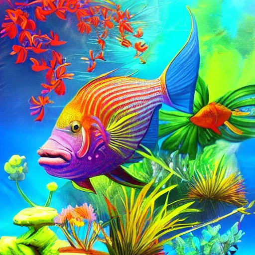 Prompt: the most beautiful tropical fish, fantasy art, vivid colors, vibrant colors, trending on artstation, hdr