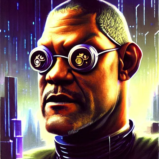 Image similar to portrait painting of a cyberpunk elven corporate boss laurence fishburne, sharp focus, award - winning, trending on artstation, masterpiece, highly detailed, intricate. art by greg staples and elsa beskow and brian froud and jessica rossier