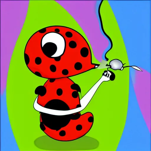 Image similar to an artwork depicting a cartoon ladybug smoking a joint, green background