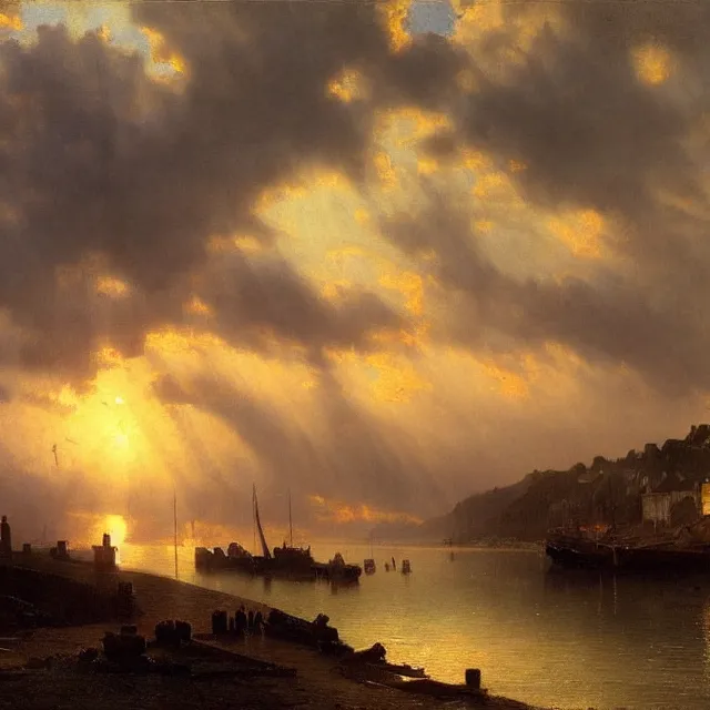 Prompt: stunning high quality landscape painting of a cornish fishing port at sunset by albert bierstadt, highly detailed, sharp focus, volumetric lighting, dramatic light, crepuscular rays, stormy clouds approaching, trending on artstation, cgsociety, masterpiece