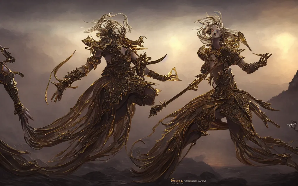 Image similar to portraits fo one golden knight of zodiac girl, one metallic black knight of zodiac girl kung fu fighting each other at ruined Agora of Athens sunrise, ssci-fi, fantasy and human anatomy, intricate and very very beautiful and elegant, highly detailed and hyperrealistic digital painting, artstation, concept art, smooth and sharp focus, illustration, art by tian zi and WLOP and alphonse mucha