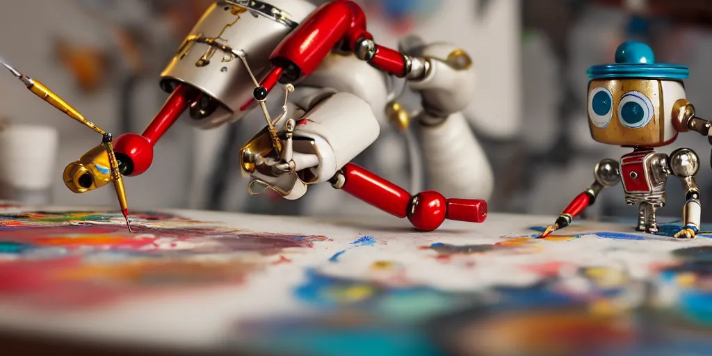 Image similar to closeup portrait of tin toy retro robot painter mixing gouache on white paper table in an artist workshop, depth of field, zeiss lens, detailed, centered, fashion photoshoot, by nicoletta ceccoli, mark ryden, lostfish, breathtaking, 8 k resolution, extremely detailed, beautiful, establishing shot, artistic, hyperrealistic, octane render