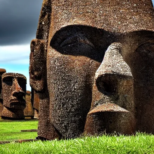 Image similar to easter island but the statues all look like rodney dangerfield, outdoor photography, landscape, detailed,