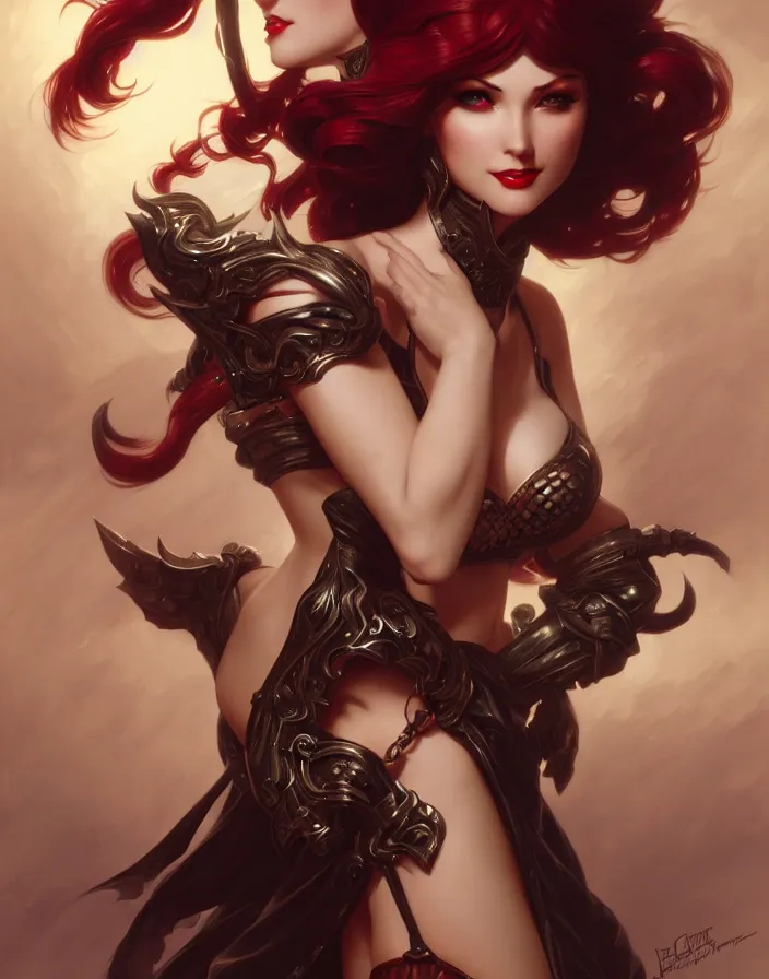 Image similar to of Katarina from League of Legends, dark fantasy, medium shot, intricate, ornate, elegant, highly detailed, digital painting, volumetric light,, artstation, concept art, smooth, sharp focus, illustration, art by Gil elvgren and charlie bowater and greg rutkowski and alphonse mucha