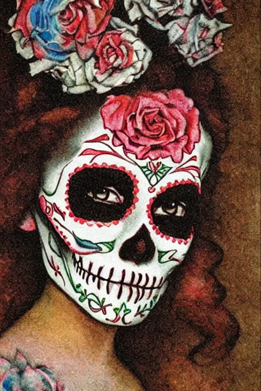 Image similar to Illustration of a sugar skull day of the dead girl, art by hans baluschek