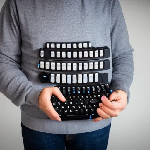 Image similar to Professional portrait photo of a man holding a mechanical keyboard, studio quality lighting