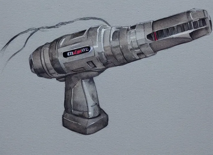 Image similar to concept art of a electril drill tool, pinterest, artstation trending, behance, watercolor, by coby whitmore, silver, laser light,