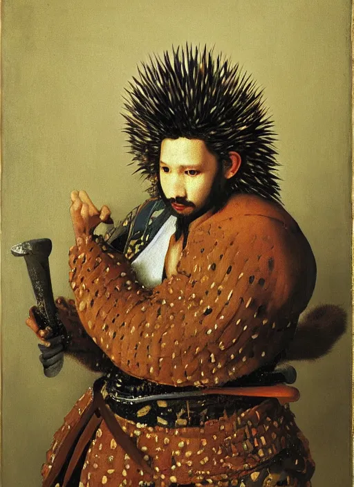 Prompt: portrait of hedgehog samurai battle, oil painting byjohannes vermeer, 1 7 th century, art, oil on canvas, wet - on - wet technique, realistic, expressive emotions, intricate textures, illusionistic detail