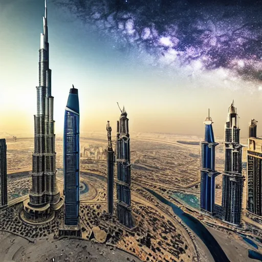 Prompt: photorealistic rendering of dubai landscape with the close milky way above burj khalifa with the face of mohamad bin rachid happy look at dubai from far with high details, deep space