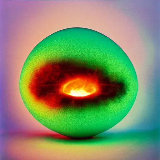 Prompt: annie liebowitz portrait of a plasma energy tron dinosaur egg, made up of glowing electric polygons. cinestill