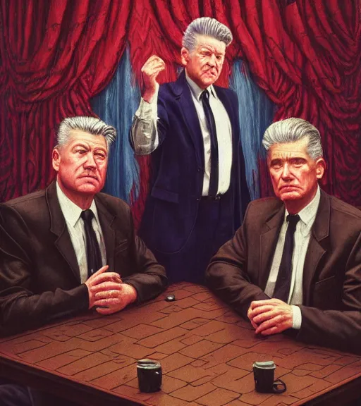 Image similar to David Lynch in Twin Peaks (1990), intricate, highly detailed, centered, studio background, digital painting, artstation, concept art, smooth, sharp focus, illustration, artgerm, donato giancola, Joseph Christian Leyendecker, Ed Repka, Les Edwards, WLOP, Artgerm