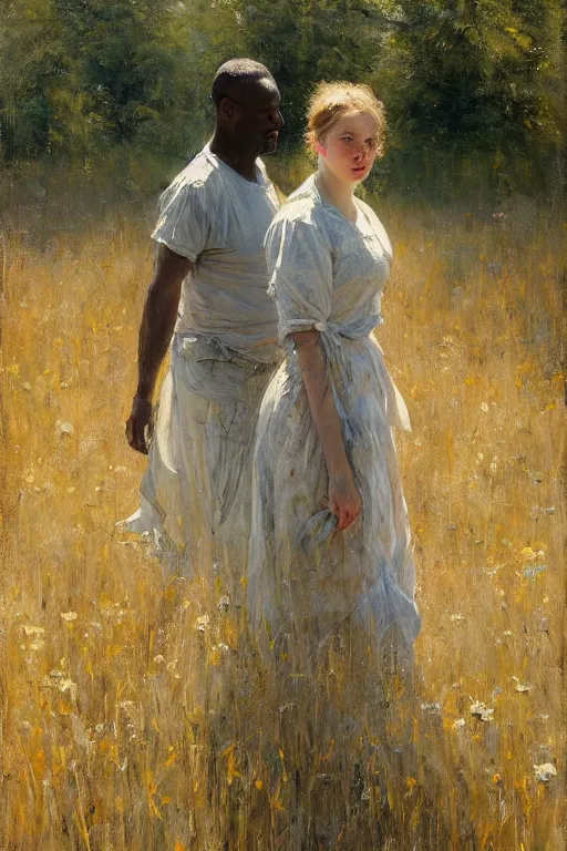 Image similar to Solomon Joseph Solomon and Richard Schmid and Jeremy Lipking painting full length portrait painting of a young woman in the hayfield