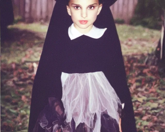 Prompt: natalie portman at age 7 dressed as a witch to go trick or treating, polaroid, cdx