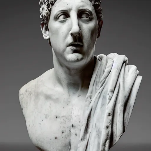 Image similar to a realistic greek white marble statue of adam sandler wearing a ghostly toga, displayed in a museum art gallery, moody, dramatic lighting, dark, photorealistic, cinematic scene, super detailed, hyper realistic, bright lights, 8 k