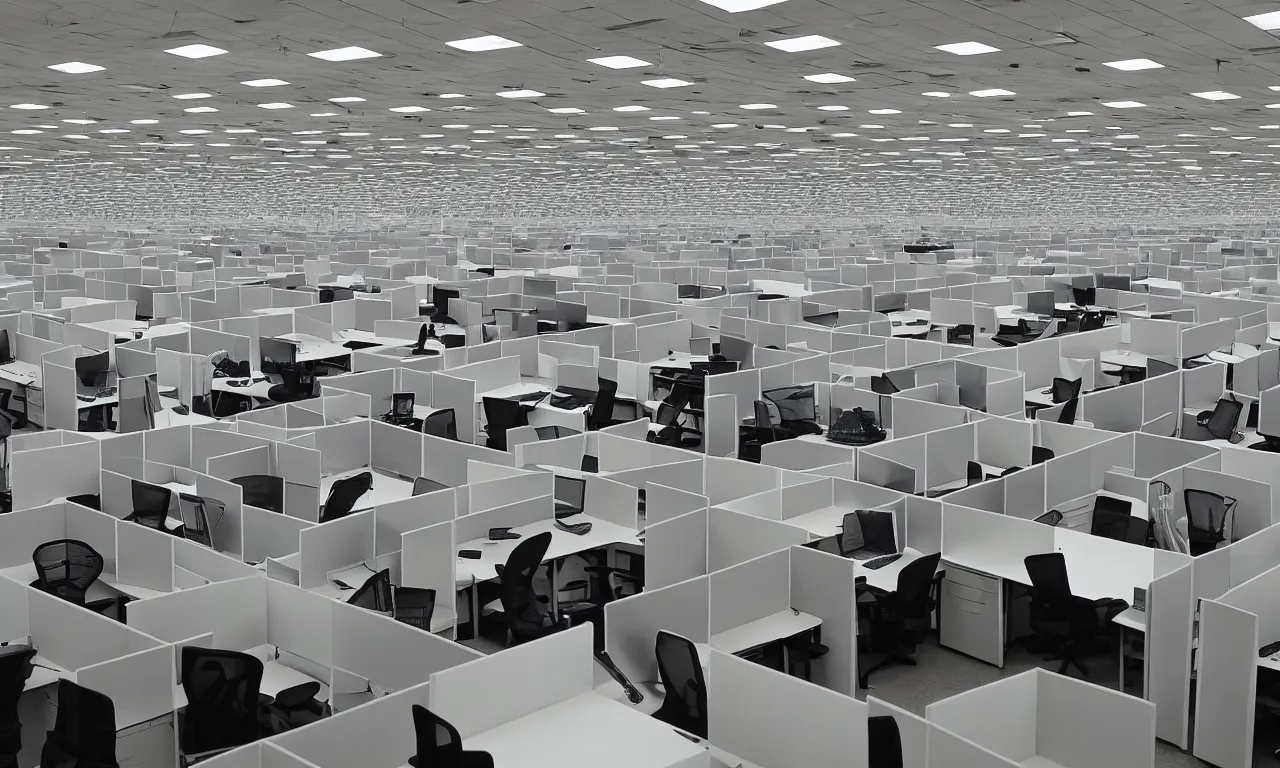 Prompt: interior of the biggest office in the world, thousands of cubicles, copy machines, desk workstations, wide angle lens