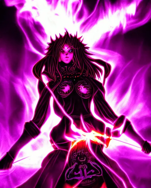 Prompt: pyromancer devil girl cover in purple death flames, deep pyro colors, purple laser lighting, award winning photograph, radiant flares, realism, lens flare, intricate, various refining methods, micro macro autofocus, evil realm magic painting vibes