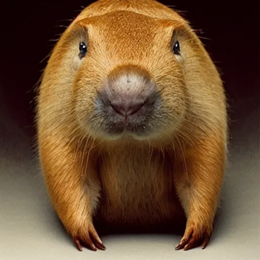 Image similar to Annie Leibovitz photograph of a hybrid between a capybara and a mushroom