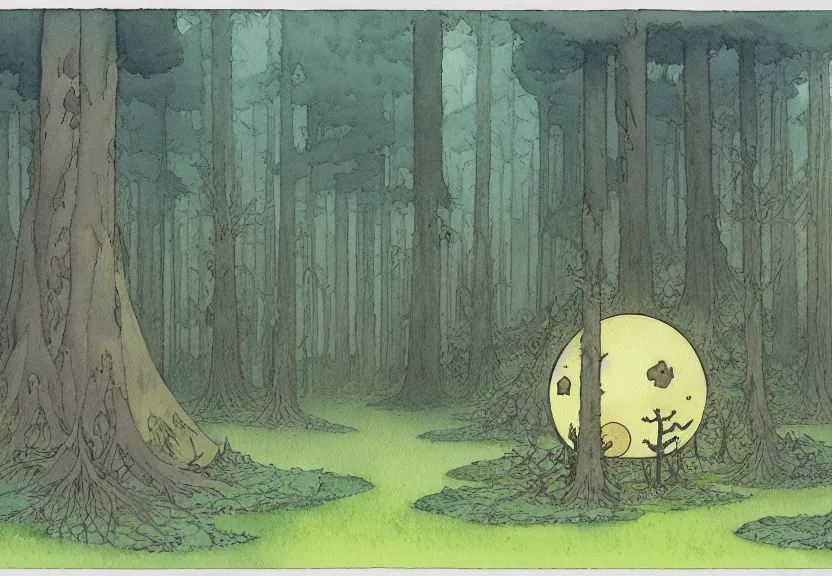 Image similar to a simple watercolor fantasy concept art of a giant dark grey cube floating in a forest clearing at night. by studio ghibli, rebecca guay, michael kaluta, charles vess
