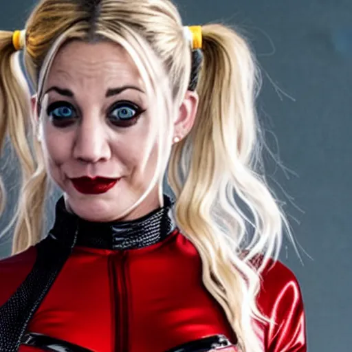 Image similar to A still of Kaley Cuoco as Harley Quinn