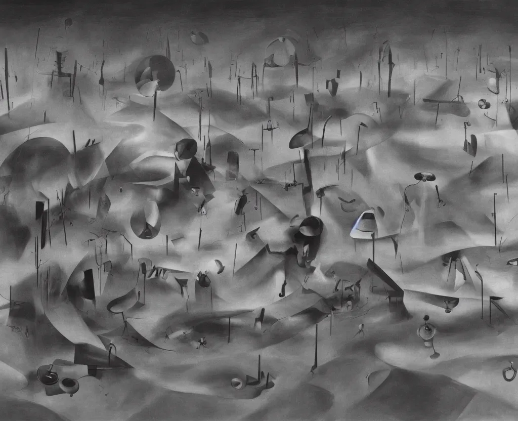 Image similar to artificial black hole wasteland. a large full room art installment by Yves Tanguy, realistic