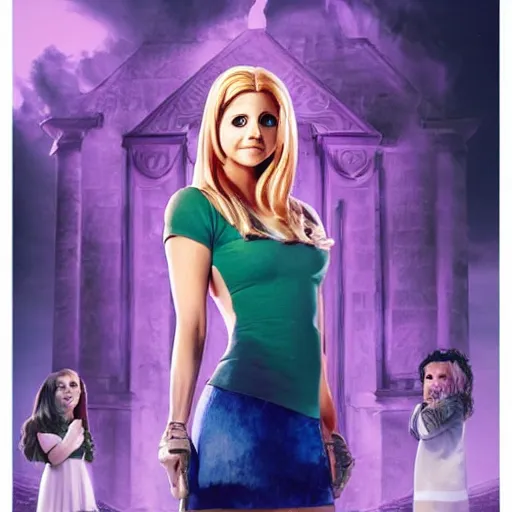 Image similar to Sarah Michelle gellar as daphne from Scrooby Doo movie tv still, photo, hyper realism, ultra detailed,