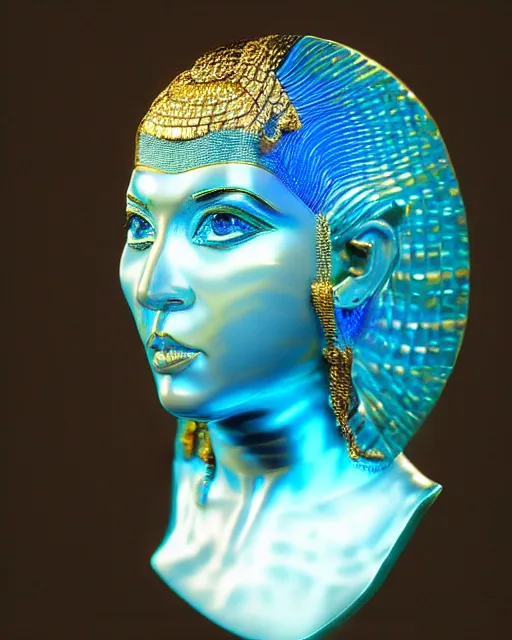 Prompt: intricate holographic realistic bust sculpture of futuristic digital obese angry egyptian beautiful girl empress, stone and glass and gold, blue and black, masterpiece