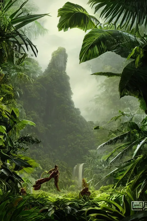 Prompt: a giant plant in the exotic jungle, landscape, alex ross, giga, david finch, concept art, matte painting, highly detailed, rule of thirds, dynamic lighting, cinematic, detailed, denoised, centerd