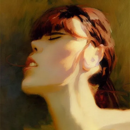 Prompt: refined portrait of anime girl graceful, eyes closed, painting by gaston bussiere, craig mullins, j. c. leyendecker