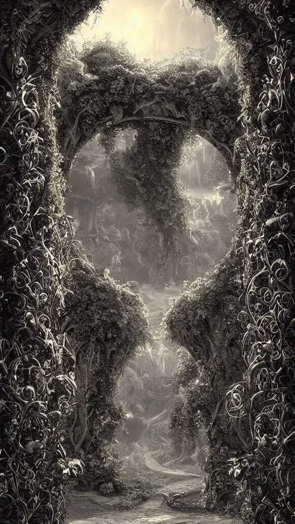 Prompt: fantasyland through a magical doorway, ornate, intricate, detailed, nature, vines, golden light, 3 d render, highly stylized, black and white