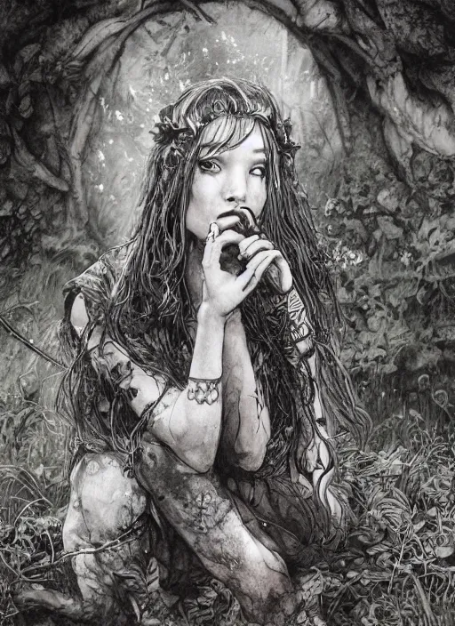 Image similar to portrait, beautiful Stoner hippy girl, sitting in a druid circle, smoking a magical bong, gypsy, watercolor, dramatic lighting, cinematic, establishing shot, extremely high detail, foto realistic, cinematic lighting, pen and ink, intricate line drawings, by Yoshitaka Amano, Ruan Jia, Kentaro Miura, Artgerm, post processed, concept art, artstation, matte painting, style by eddie mendoza, raphael lacoste, alex ross