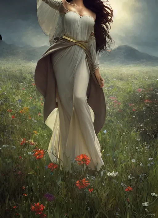 Image similar to Kim Kardashhian as a elf on a beutiful meadow, afternoon, art by Artgerm and Greg Rutkowski and Alphonse Mucha, DAZ, hyperrealistic, ambient light, dynamic light