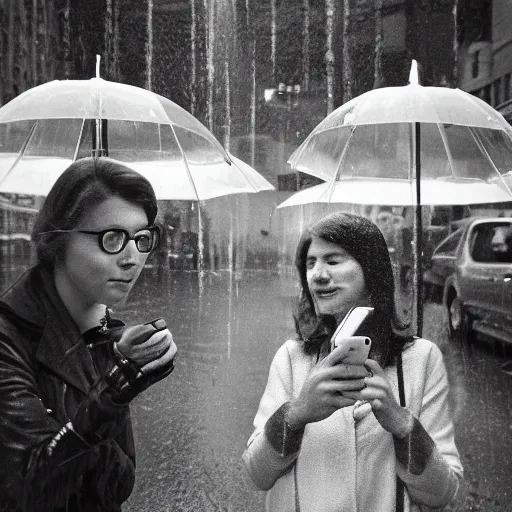 Image similar to selfie with iphone by vivian maier,, pouring rain menacing lights shadows, 8 k, hd, high resolution, 3 5 mm, f / 3 2, ultra realistic faces, ex machina