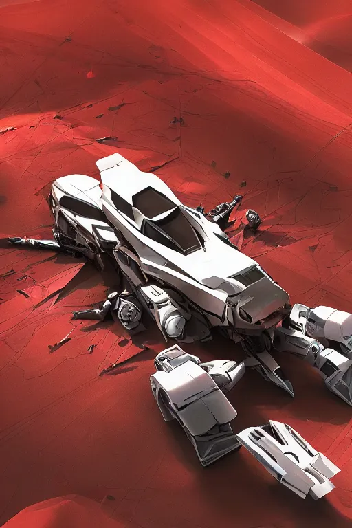 Image similar to professional photograph of a beautiful neo - futuristic simplified symmetrical mecha spacecraft docked in desert by ilm, denis villeneuve, emmanuel shiu, zaha hadid, vapor, cinematic architectural scale, red paint detail, manga, dramatic, volumetric, concept art, hard surface, hyperrealism, high detail, trending on artstation, sharp focus, rendered in octane