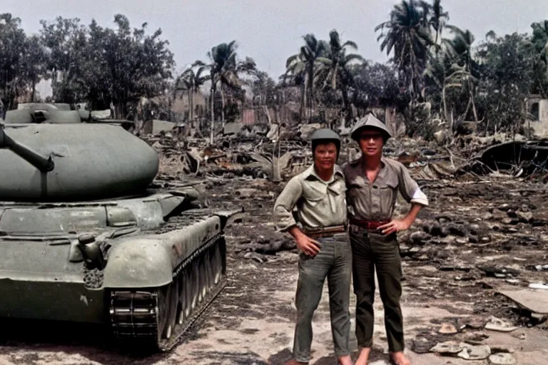 Image similar to a photo of a two mans posing in front of tank in destroyed vietnamese city, us journalism ministry photo, 1 9 6 9, color photo, fim still